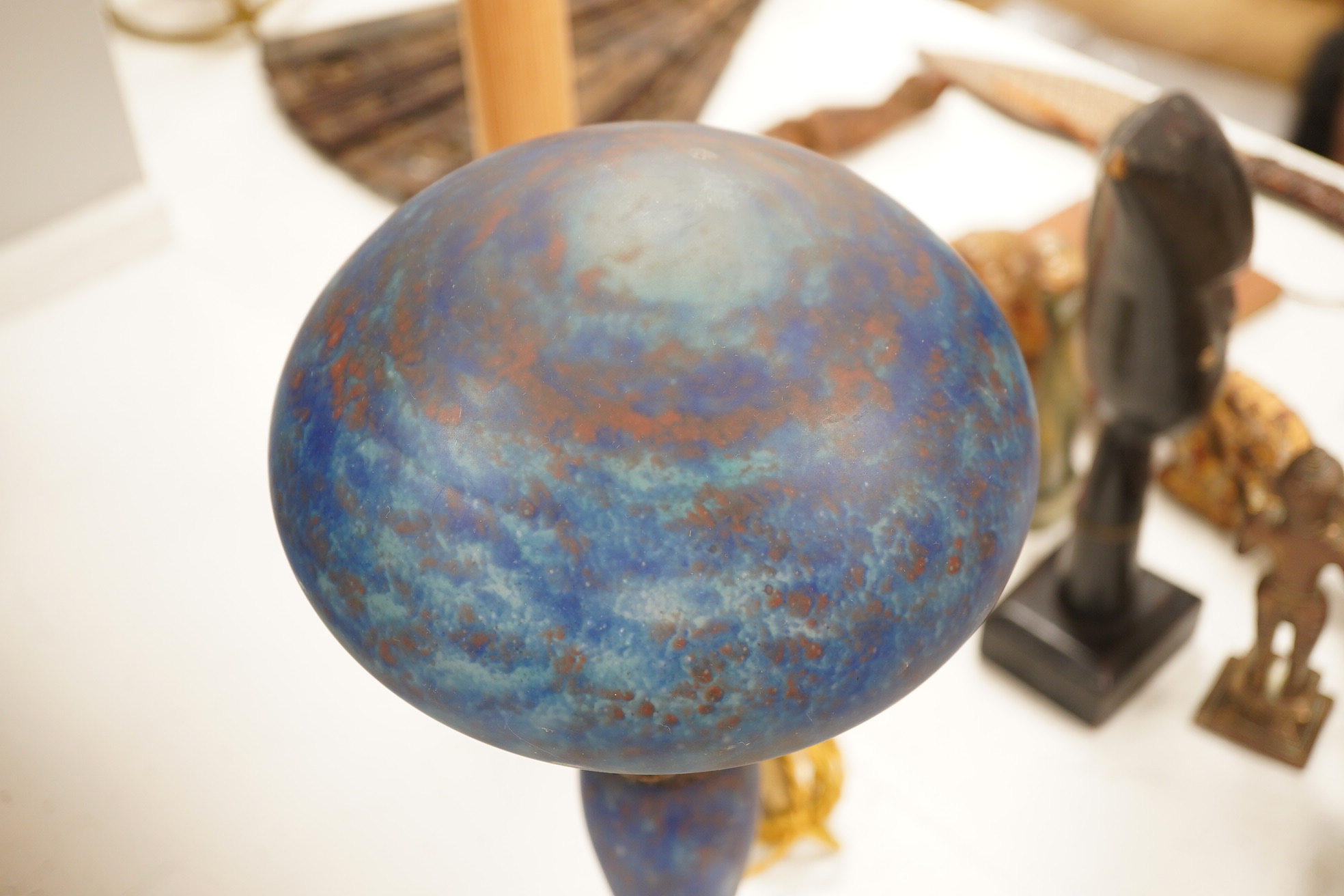 Art Nouveau, ‘Delatte’ mushroom blue glass lamp with hammered metal mount, 45cm high. Condition - good